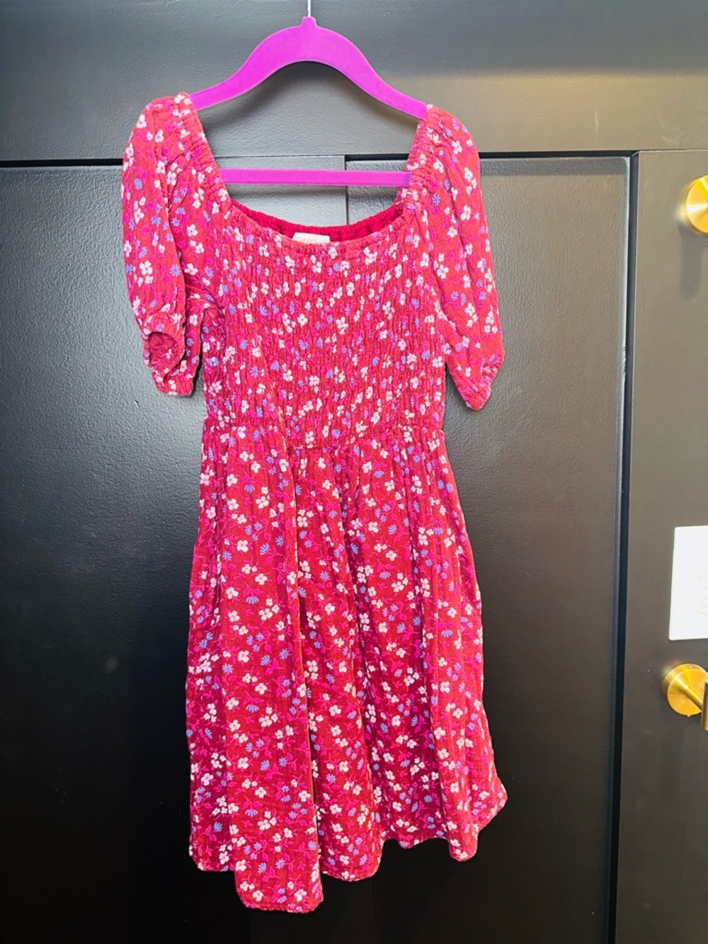 Cat & Jack Girls Short Sleeve Woven Smocked Burgundy Floral Dress B2